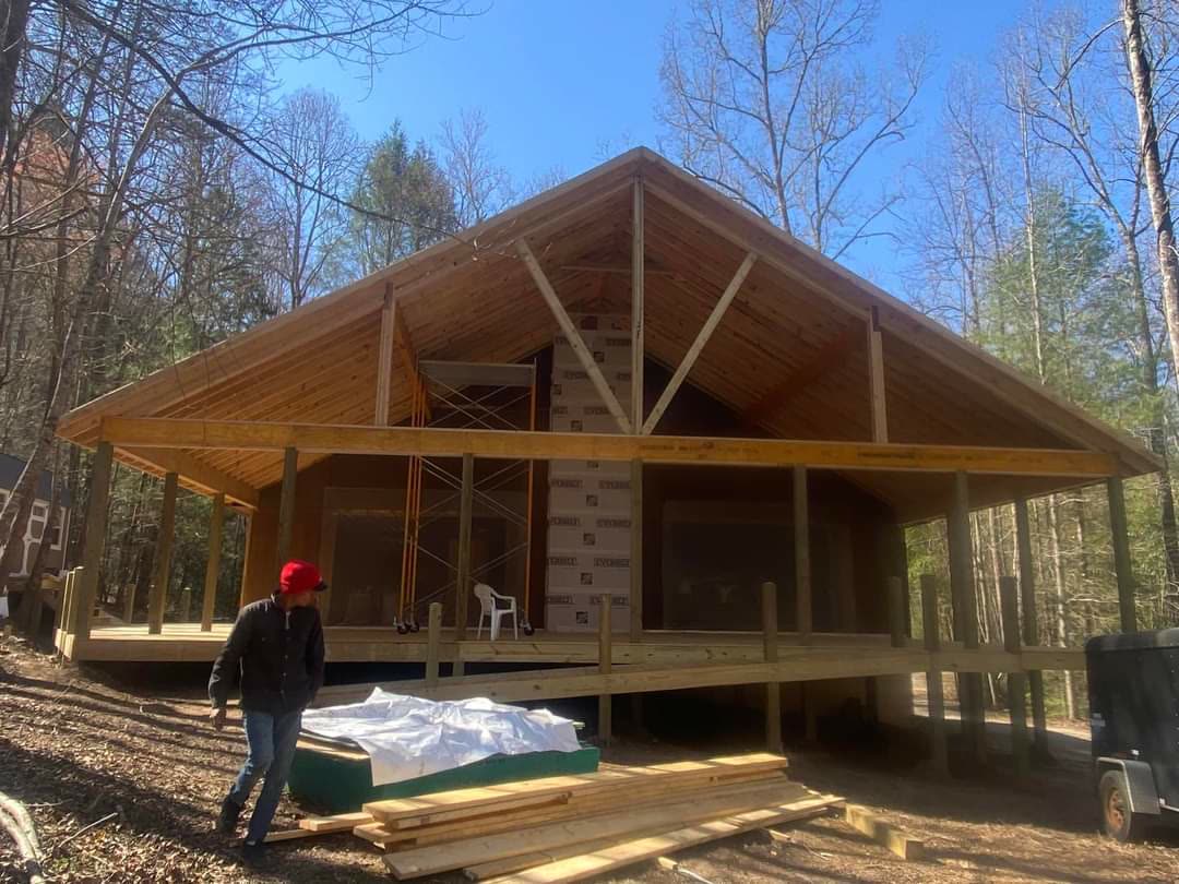 Covered pavilion with cedar ceiling and wrap-around deck under construction near Chattanooga, TN