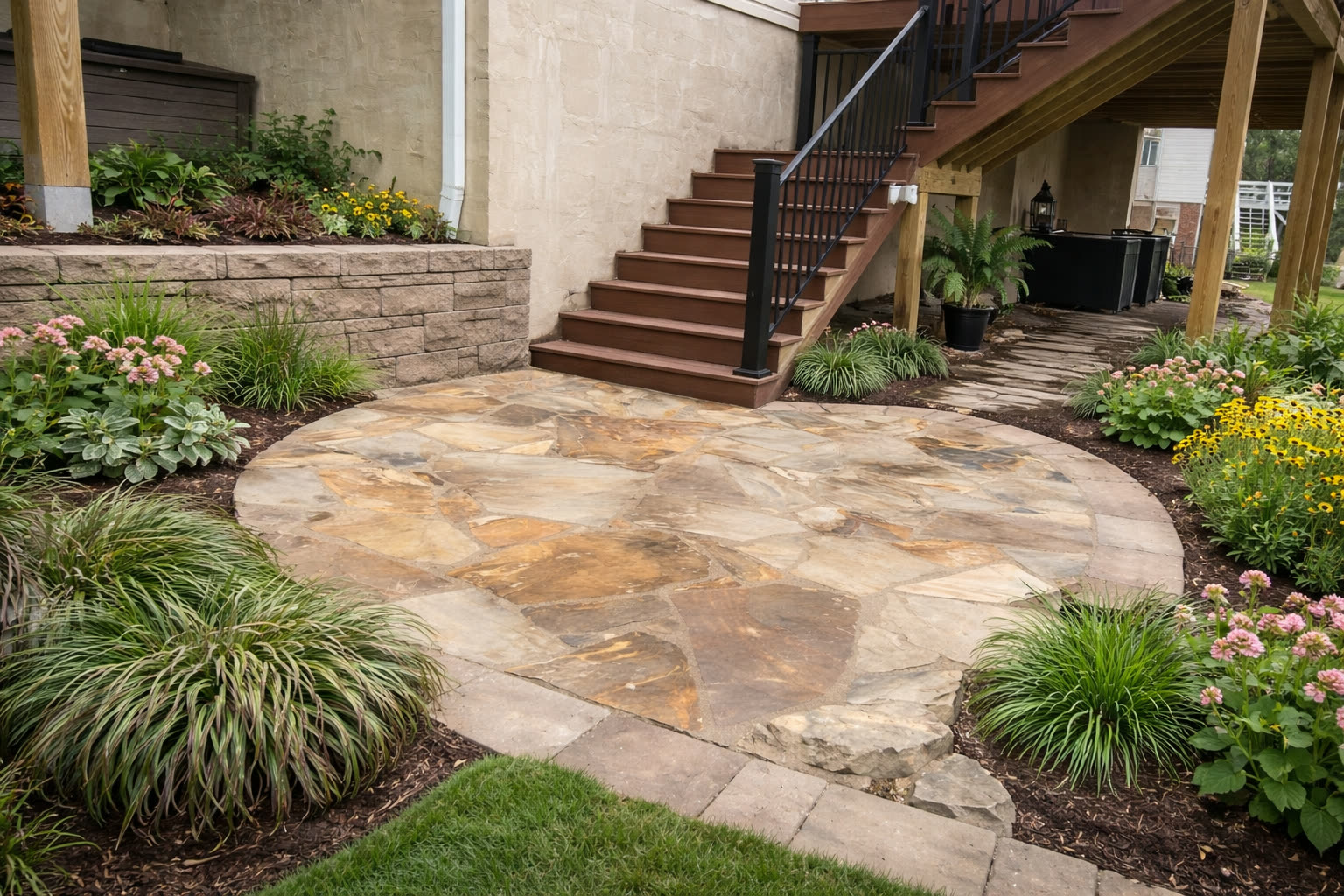 Circular flagstone patio with landscaping, built in the Chattanooga TN area