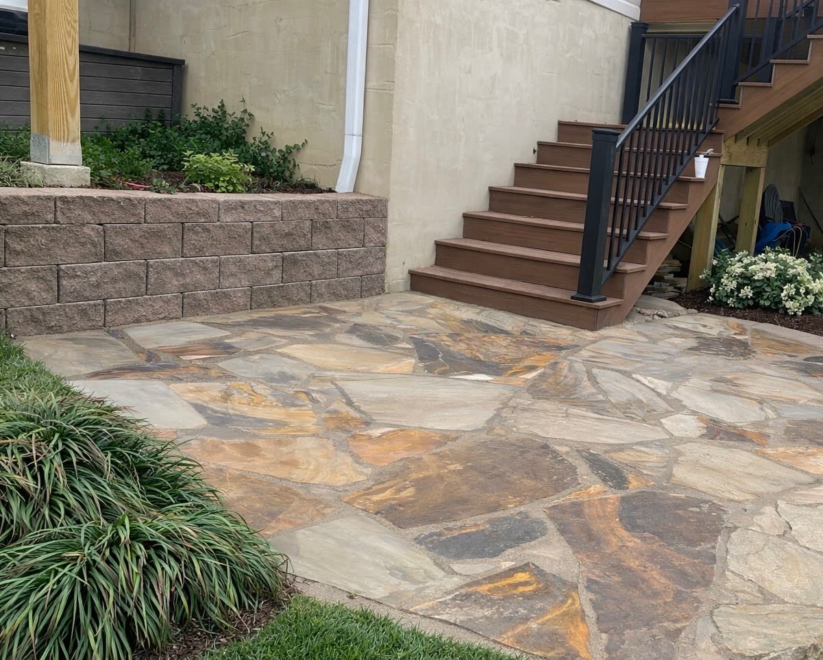 Flagstone patio with retaining wall and steps by Mountain City Pros, Chattanooga TN area