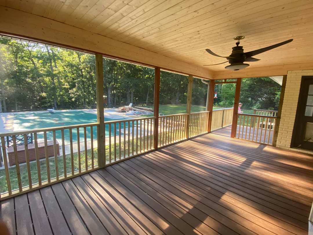 Screened porch with wood ceiling, ceiling fan and pool view, Chattanooga TN area